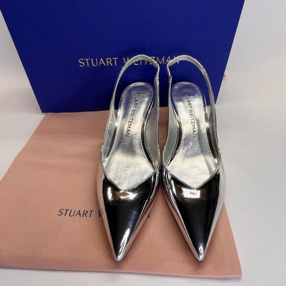 Stuart Weitzman EVA 50 Slingback Heels Sz 6.5 Silver Metallic Kitten Pointed Toe - Picture 2 of 14
